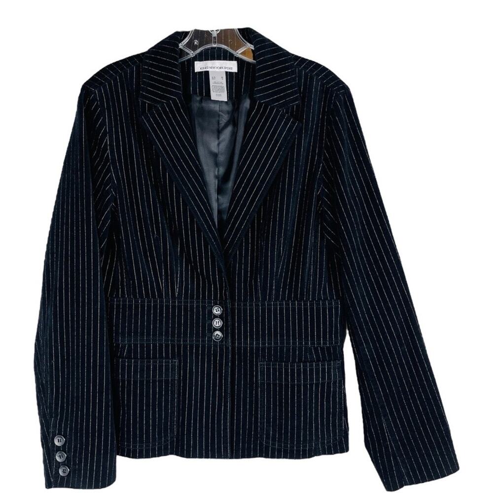 Jones NY black white striped velvet preppy dark academia office blazer medium